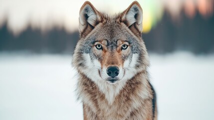 Obraz premium A close-up view of a wolf's face, showcasing its intense gaze and thick fur against a snowy background.