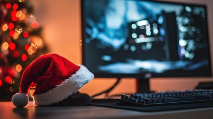 Santa hat at the gamer's computer, Christmas promotion on gaming items