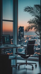 Fototapeta premium Modern Ergonomic Office Space Featuring High-Tech Desks, Bright Lighting, Large Windows, and Minimalist Furniture, Creating a Clean and Professional Work Environment Enhanced by Indoor Plants, Perfect