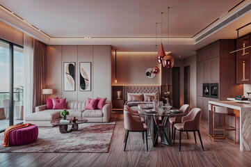 Interior of a hotel apartment with furniture, modern contemporary design.
