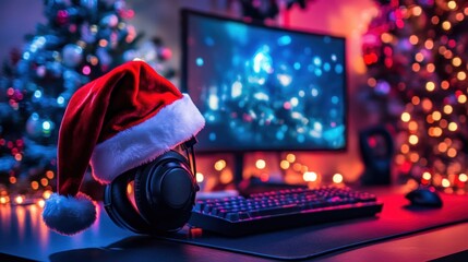 Santa hat at the gamer's computer, Christmas promotion on gaming items