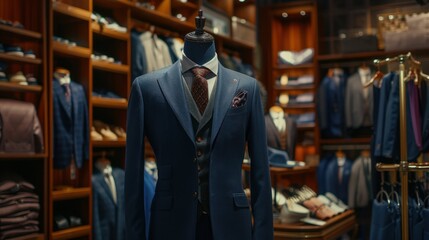 Fototapeta premium A mannequin dressed elegantly in a suit and tie is showcased in a store