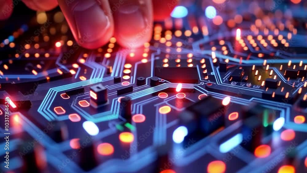 Poster A hand touches a circuit board adorned with glowing LED lights, showcasing intricate patterns and connections as part of a technology exploration in progress.