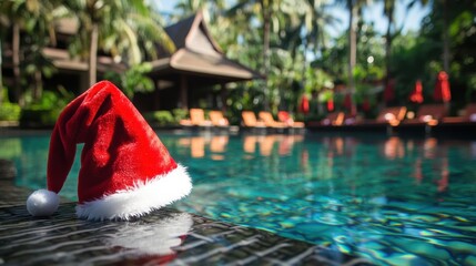 Santa hat at the hotel pool, holiday promotion for travel agency services