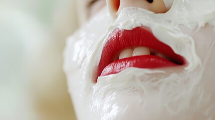 Fototapeta premium A tight shot of a woman's face, adorned with white frosting make-up and vivid red lipstick