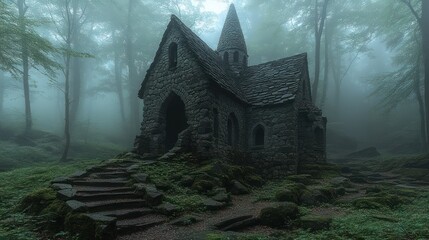 A mysterious stone chapel surrounded by foggy forest.