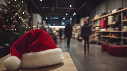Santa hat in furniture store, Christmas promotion on home furnishings
