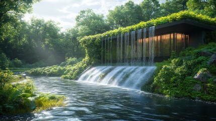 Serene modern building with waterfalls amidst lush greenery.