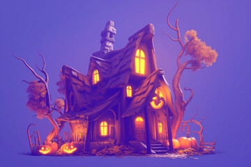 Mysterious glowing haunted house surrounded by pumpkin lanterns shadows