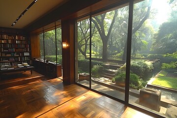 Obraz premium Modern Home Office Overlooking Lush Green Garden with Wooden Flooring