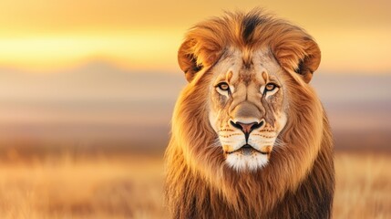 A majestic lion gazes into the camera against a glowing sunset, showcasing its powerful presence and stunning mane in a serene natural setting.