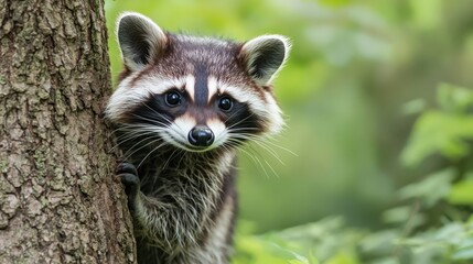 A curious raccoon peeks from behind a tree, surrounded by lush green foliage.