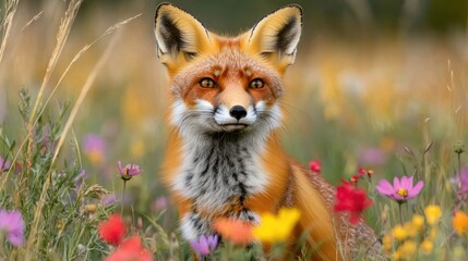 A vibrant red fox poses amidst colorful wildflowers in a sunlit meadow, showcasing its striking features and natural beauty.