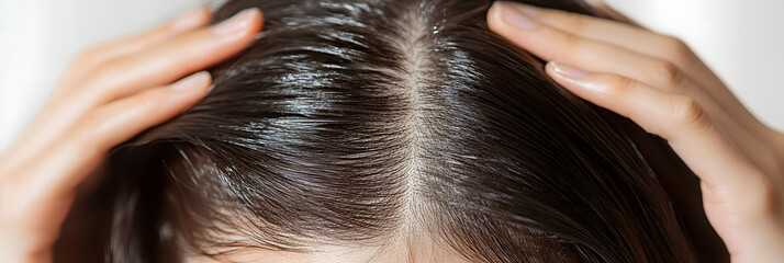 Fototapeta premium Close-up of a healthy scalp with hands massaging roots, shiny hair strands, promoting scalp care, hair nourishment, growth, and wellness, natural shine, rejuvenation, haircare routine