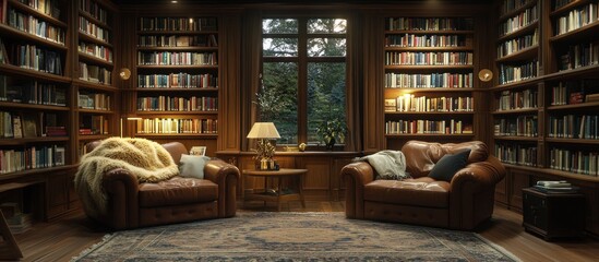Cozy library with two leather armchairs, bookshelves, and a large window overlooking a garden.