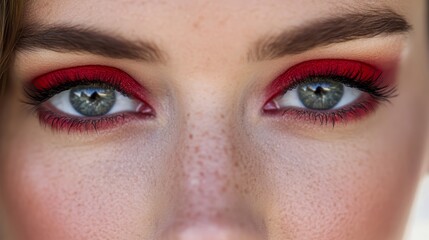 Fototapeta premium A tight shot of a woman's face adorned with red eyeliner and a lip ring piercing her lower lip