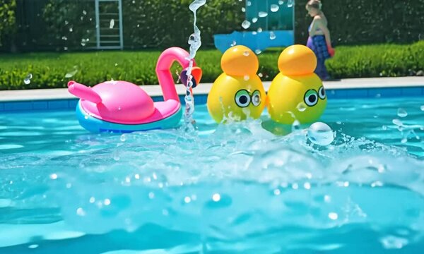 A pink flamingo and yellow duck float in a swimming pool with water splashing around them.