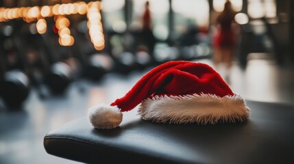 Santa hat on a weight bench at the gym, Christmas promotion for sports passes