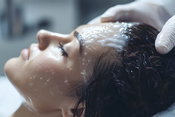 Naklejka premium Relaxing scalp treatment with soothing foam massage, promoting skin care, relaxation, and wellness. Ideal for beauty enthusiasts seeking hair care, spa, and therapeutic treatments.