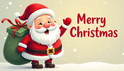 A cheerful Christmas greeting card featuring Santa Claus in his red suit, carrying a gift bag and waving with a smile. The text "Merry Christmas" is featured in a playful font, surrounded by snowflake