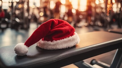 Santa hat on a weight bench at the gym, Christmas promotion for sports passes