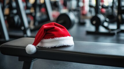 Santa hat on a weight bench at the gym, Christmas promotion for sports passes
