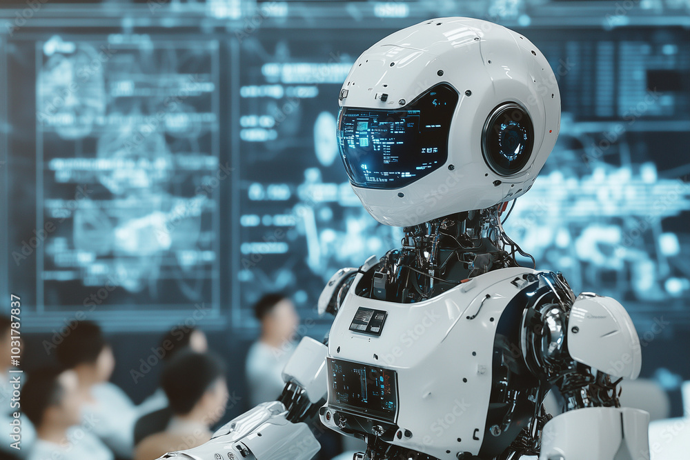 Poster robot teaching a group of people in a modern classroom, with copy space. soft ambient lighting.