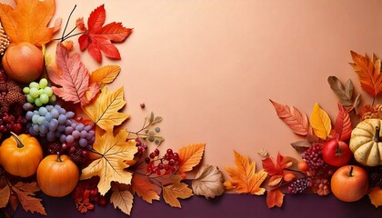 autumn background with pumpkins, background postcard; colorful autumn leaves and fruits; pastel them