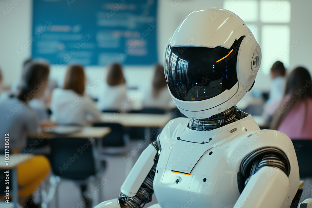 Poster robot teaching a group of people in a modern classroom, with copy space. soft ambient lighting. futu