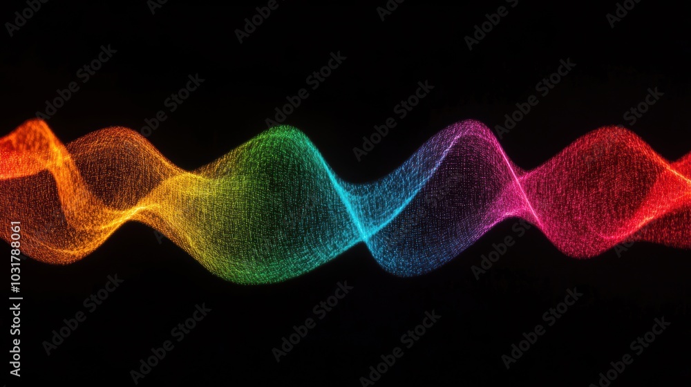 Poster colorful light waves create an abstract visual rhythm, flowing seamlessly across a dark backdrop in 