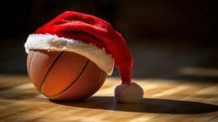 Santa hat on basketball, Christmas promotion for training and sports goods