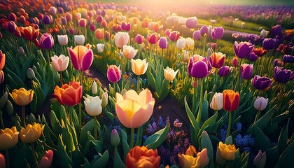 field of tulips, beautiful garden with a view of the wide field; tulips