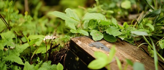 Obraz premium Lush green foliage covers a wooden plank, highlighting nature's beauty and the interplay between wood and plant life.