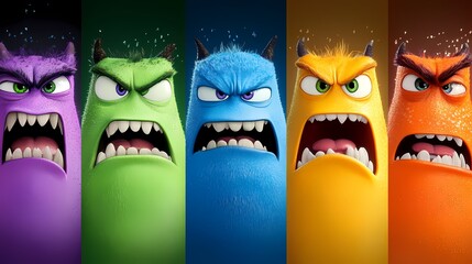 Colorful animated monsters displaying various intense emotions in a vibrant setting.