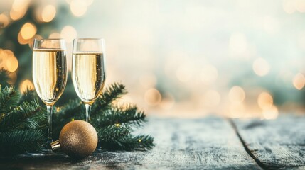 Two sparkling champagne glasses alongside a golden Christmas bauble enhance a cozy, festive holiday setting