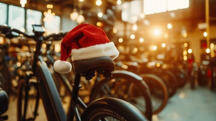 Santa hat on bike saddle, Christmas promotion at bike shop