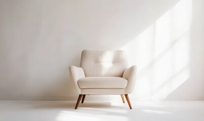 White armchair with wooden legs in a room.
