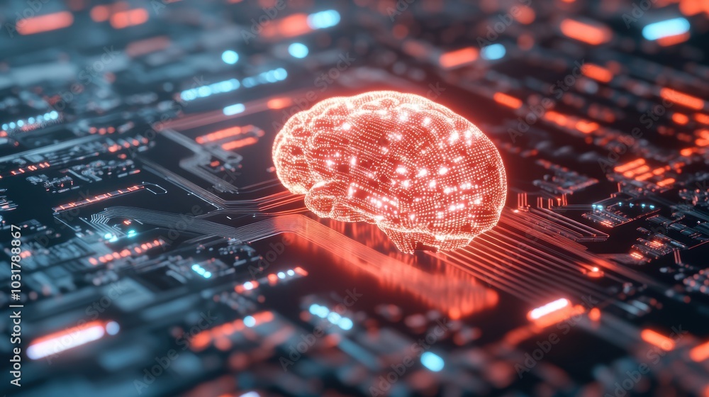 Poster an artificial intelligence brain concept is depicted, glowing atop a circuit board with vibrant conn