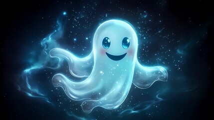 Cute, cartoonish ghost with a cheerful smile against a starry backdrop.