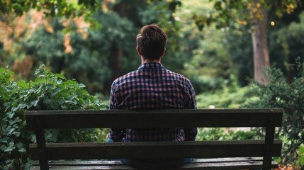 Man in a checkered shirt enjoying a quiet moment on a park bench, surrounded by greenery