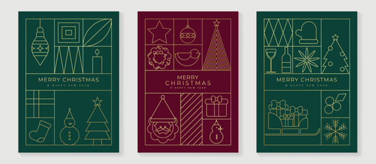 Luxury christmas invitation card art deco design vector. Christmas tree, star, bauble ball, snowflake line art on green and red background. Design illustration for cover, poster, wallpaper.