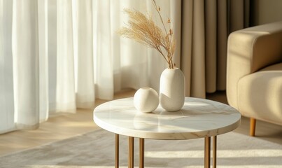 White vases with dried branches on a table.
