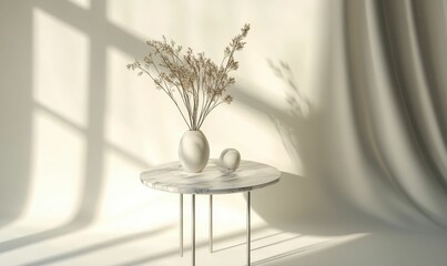 Dried flowers in vase on marble table.
