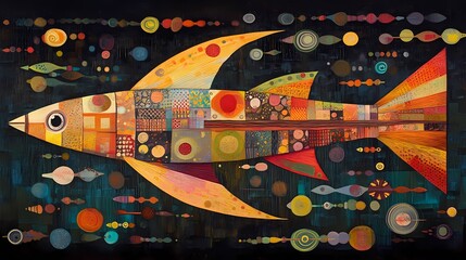 Colorful abstract fish illustration with vibrant patterns and shapes.