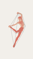 Obraz premium Athletic shirtless ballet dancer, man performing on light background with abstract geometric shapes. Contemporary art collage. Concept of ballet, minimalism, graceful movement, clean design