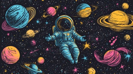 Colorful astronaut floating among vibrant planets in outer space.