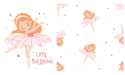 A set of vector prints for printing on children's products. Cute little girl ballerina dancing, little ballerina lettering, seamless vector pattern . Vector illustration © Alena