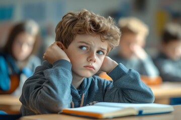 Tired and bored boy sitting at desk in classroom at school, writing in notebook and thinking, resting head on hand, Generative AI