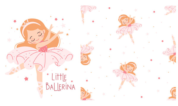 A set of vector prints for printing on children's products. Cute little girl ballerina dancing, little ballerina lettering, seamless vector pattern . Vector illustration