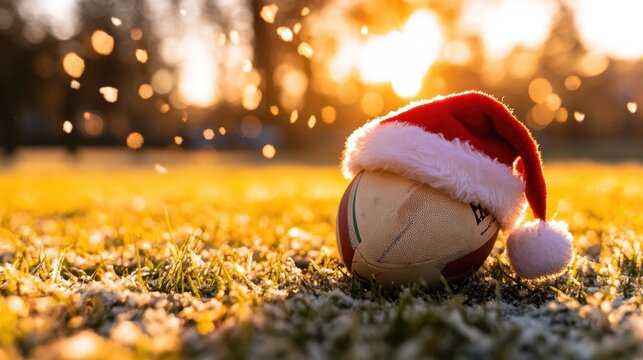 Santa hat on rugby ball, Christmas promotion for training and sports goods